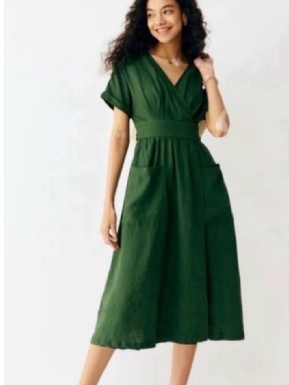 Green 100% Linen Wrap Dress with Pockets Grae Cove